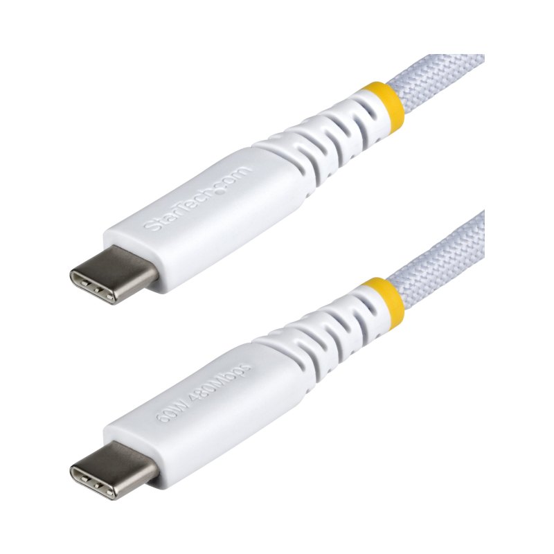 StarTech.com 1ft (30cm) White USB-C Charging Cable, 60W (3A) PD, Dual-Layer Braided Nylon/TPE Jacket, Rugged USB C Charging Cord, USB 2.0 Laptop Charger Cable
