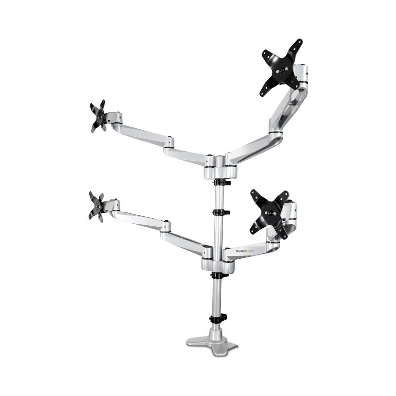 StarTech.com Bras de Support de Bureau pour Quatre Moniteurs - Support sur Mât Articulé/Réglable en Hauteur pour Écrans VESA 4 2x2 Jusqu'à 30"(11,2kg) - Inclinaison/Pivotement/Rotation - Pince en C/Anneau - Argent