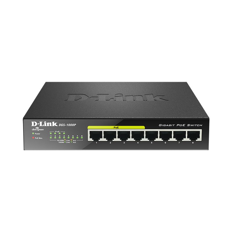 D-Link DGS-1008P commutateur réseau Non-géré Gigabit Ethernet (10/100/1000) Connexion Ethernet, supportant l'alimentation via ce port (PoE) Noir