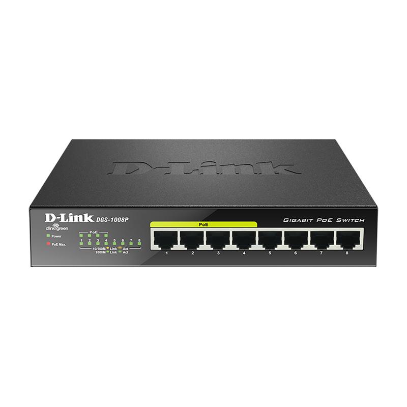 D-Link DGS-1008P commutateur réseau Non-géré Gigabit Ethernet (10/100/1000) Connexion Ethernet, supportant l'alimentation via ce port (PoE) Noir