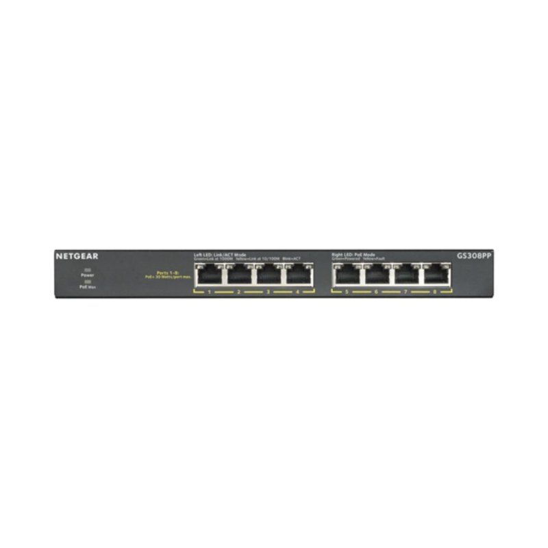 NETGEAR GS308PP Non-géré Gigabit Ethernet (10/100/1000) Connexion Ethernet, supportant l'alimentation via ce port (PoE) Noir