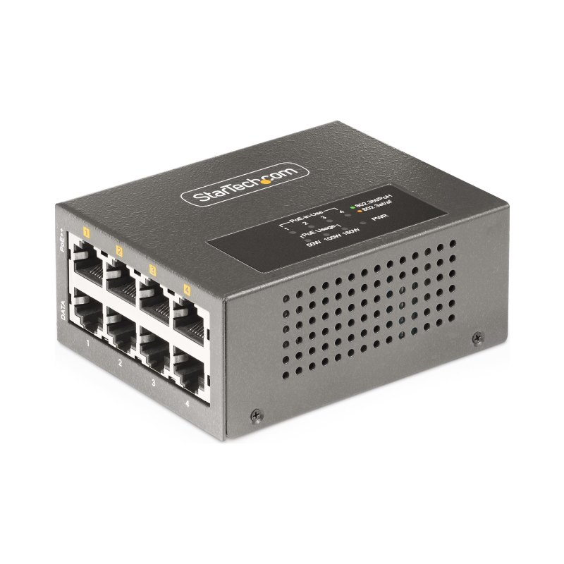 StarTech.com Injecteur PoE++ Multi-Gigabit à 4 Ports, Ethernet 5/2.5/1G (NBASE-T), PoE/PoE+/PoE++ (802.3af/802.3at/802.3bt), Puissance Absorbée 160Watts, Montage Mural/Rail DIN, Non Géré