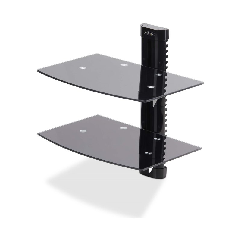 StarTech.com Dual Floating Wall-Mounted AV Shelves, Adjustable Height Shelf For Under TV, Organize A/V Equipment On Black Tempered Glass Shelves