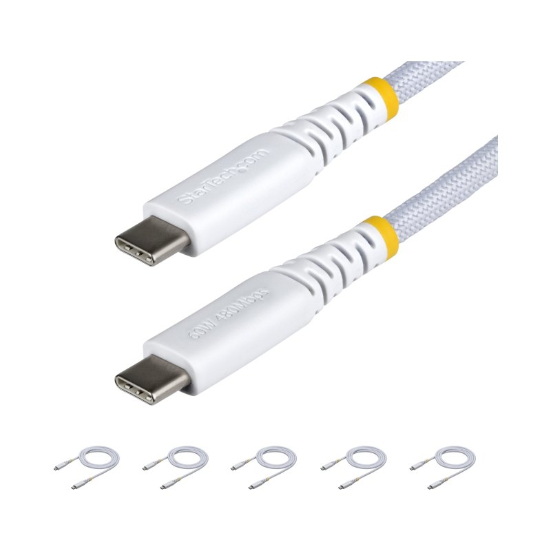 StarTech.com 5-Pack 3ft (91cm) White USB-C Charging Cable, 60W (3A) PD, Dual-Layer Braided Nylon/TPE Jacket, Rugged USB C Charging Cord, USB 2.0 Laptop Charger Cable