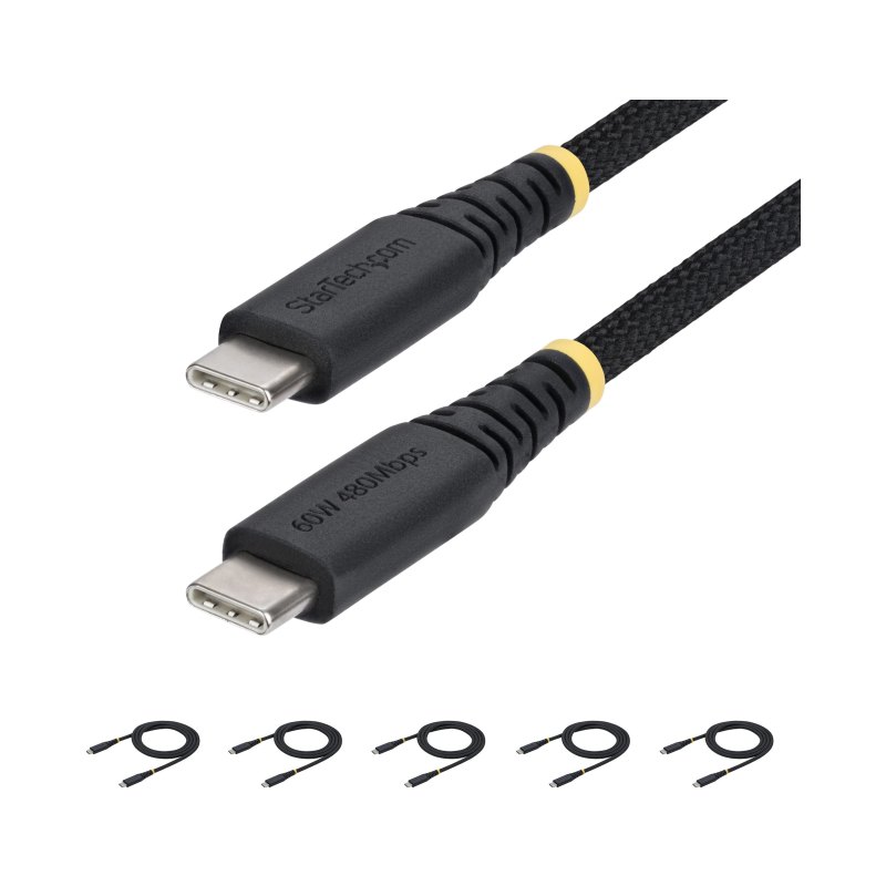 StarTech.com 5-Pack 3ft (91cm) Câble de chargement USB-C, 60W (3A) PD, Gaine en nylon tressé et TPE, Câble de chargement USB C robuste, Câble d'alimentation USB 2.0 pour ordinateur portable