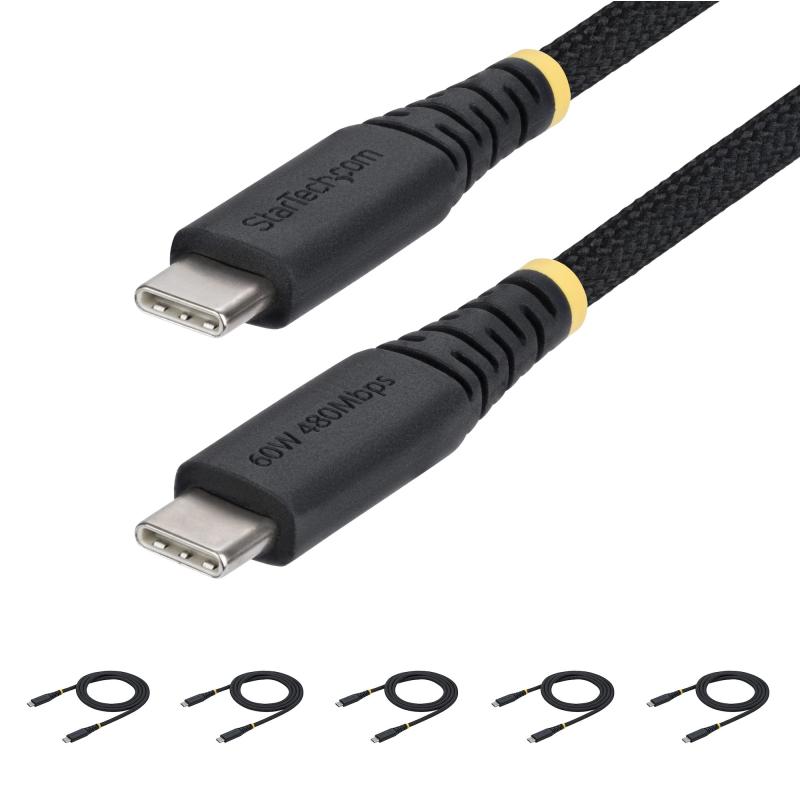 StarTech.com 5-Pack 3ft (91cm) Câble de chargement USB-C, 60W (3A) PD, Gaine en nylon tressé et TPE, Câble de chargement USB C robuste, Câble d'alimentation USB 2.0 pour ordinateur portable