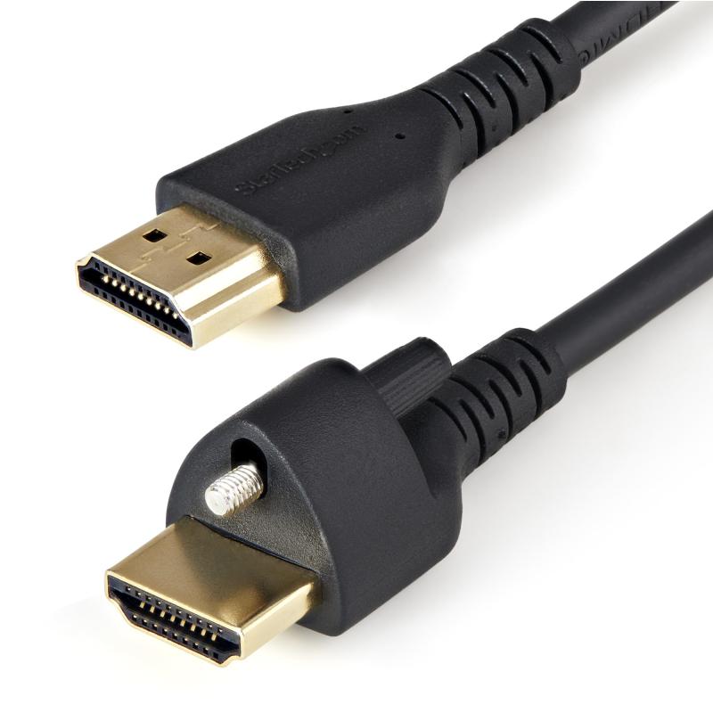 StarTech.com Câble HDMI Mince de 1m avec Vis de Verrouillage - 4K 60Hz HDR - Câble pour Moniteur HDMI 2.0 Haute Vitesse avec Connecteur à Vis de Verrouillage pour une Connexion Sécurisée - Câble HDMI Mince avec Ethernet - M/M