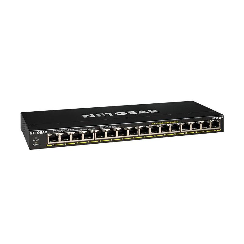 NETGEAR GS316PP Non-géré Gigabit Ethernet (10/100/1000) Connexion Ethernet, supportant l'alimentation via ce port (PoE) Noir