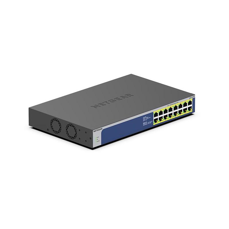 NETGEAR GS516PP Non-géré Gigabit Ethernet (10/100/1000) Connexion Ethernet, supportant l'alimentation via ce port (PoE) 1U Bleu, Gris
