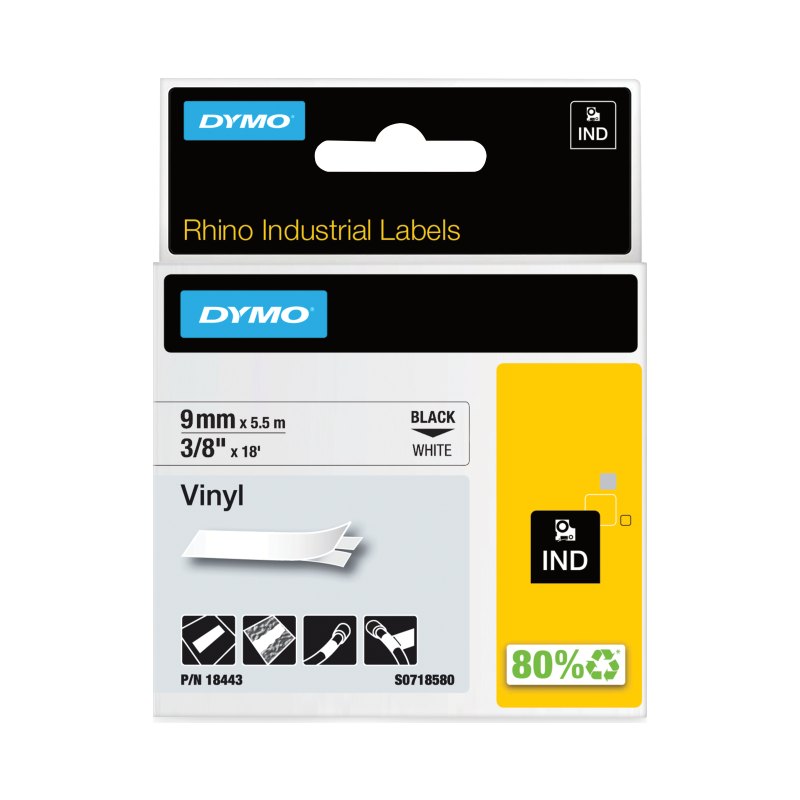DYMO Rhino Industrial Vinyl Labels | 9 mm x 5.5 m | Black Print on White | Self-Adhesive | for Rhino & LabelManager Label Makers