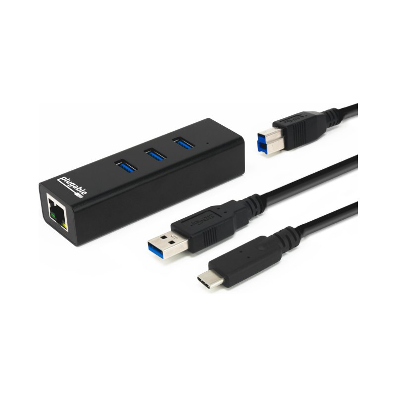 Plugable Technologies USB Hub with Ethernet, 3 port USB 3.0 Bus Powered Hub with Gigabit Ethernet Compatible with Windows, MacBook, Linux, Chrome OS, Includes USB C and USB 3.0 Cables