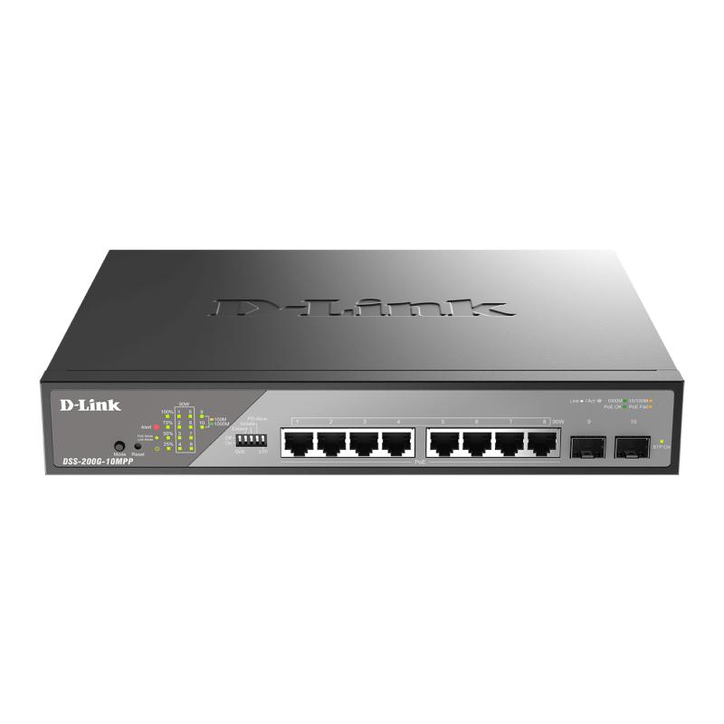 D-Link DSS-200G-10MPP commutateur réseau Géré L2 Gigabit Ethernet (10/100/1000) Connexion Ethernet, supportant l'alimentation via ce port (PoE) 1U Noir, Gris