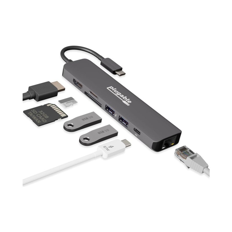 Plugable Technologies 7-in-1 USB C Hub Multiport Adapter with Ethernet Driverless Compatibility with Mac, Windows, iPhone 15, Chromebook, USB4, Thunderbolt, 100W Charging, Ethernet, 4K60Hz HDMI, 2X USB, SD/microSD
