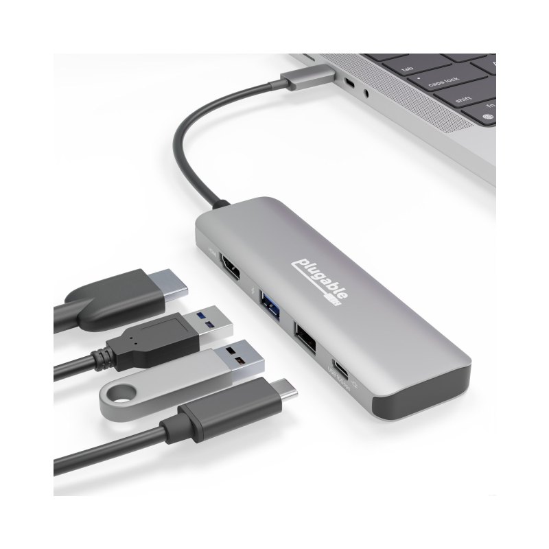 Plugable Technologies USB C Hub Multiport Adapter, 4 in 1, 100W Pass Through Charging, USB C to HDMI 4K 60Hz, Multi USB Port Hub for Windows, Mac, Ipad Pro, Chromebook, Thunderbolt (USBC-4IN1)