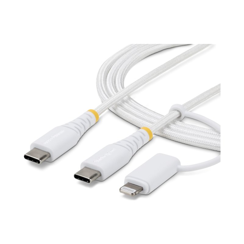 StarTech.com 2m (6ft) 2-in-1 Rugged USB-C Charging Cable with Lightning Adapter, 30W/60W (3A), Apple MFi Certified, Braided USB C Charger Cord for iPhone/iPad/Android
