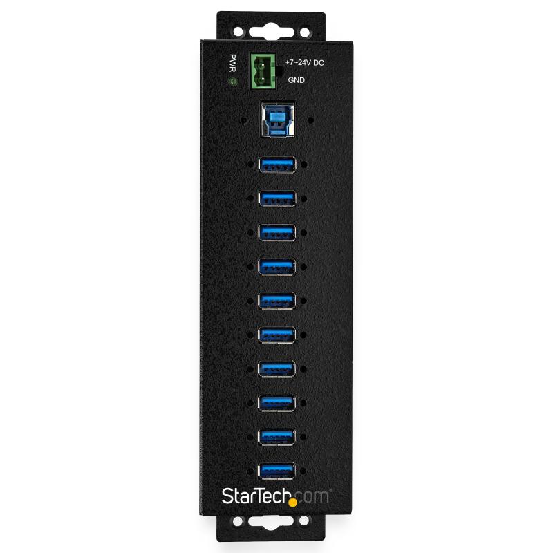 StarTech.com 10-Port USB 3.0 Hub with Power Adapter - Metal Industrial USB-A Hub with ESD & 350W Surge Protection - Din/Wall/Desk Mountable - High Speed USB 3.2 Gen 1 (5Gbps) Hub - TAA 3