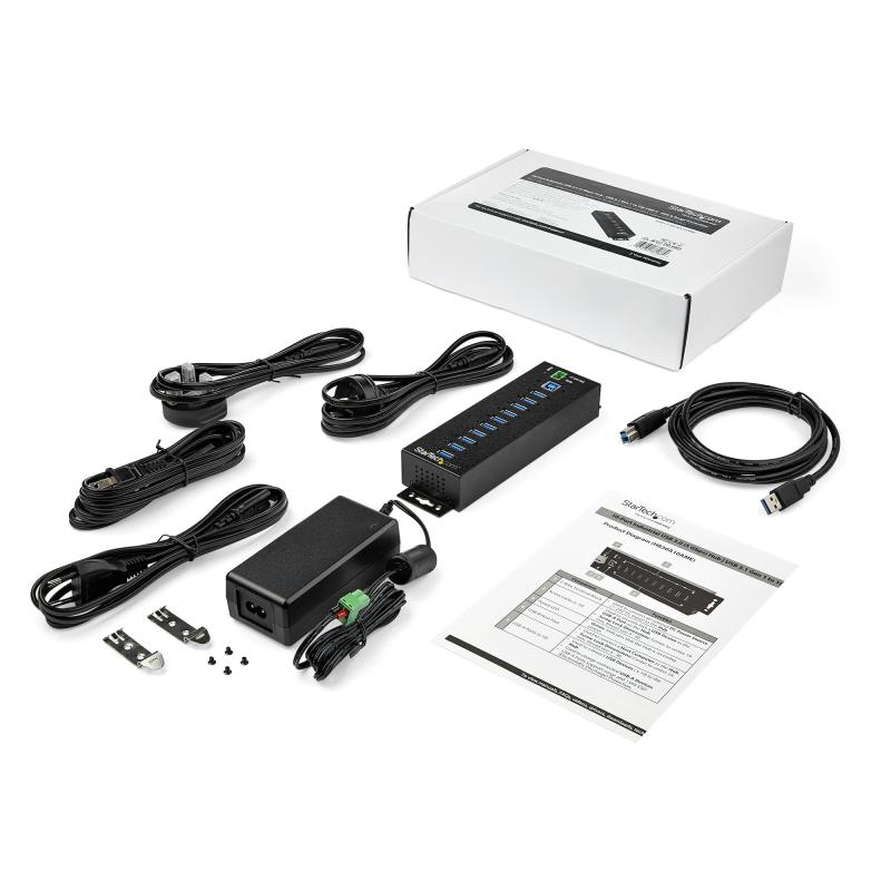 StarTech.com 10-Port USB 3.0 Hub with Power Adapter - Metal Industrial USB-A Hub with ESD & 350W Surge Protection - Din/Wall/Desk Mountable - High Speed USB 3.2 Gen 1 (5Gbps) Hub - TAA 4