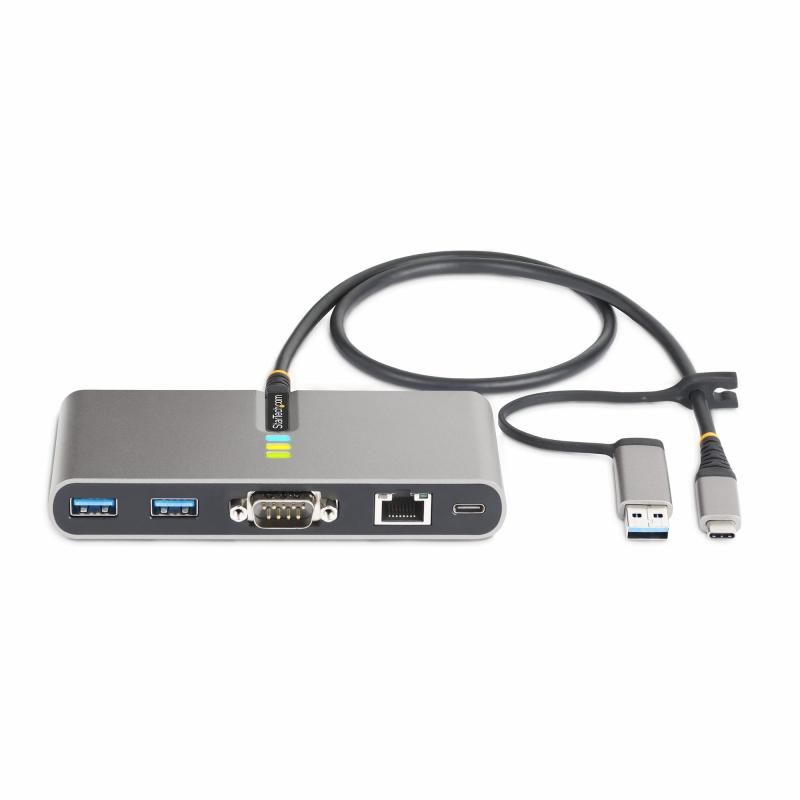 StarTech.com 2-Port USB-C Hub with Ethernet and RS-232, Attached USB-C to USB-A Dongle, 100W PD Pass-Through, 2x USB-A 5Gbps, Gigabit Ethernet, RS232 Serial (FTDI) 3