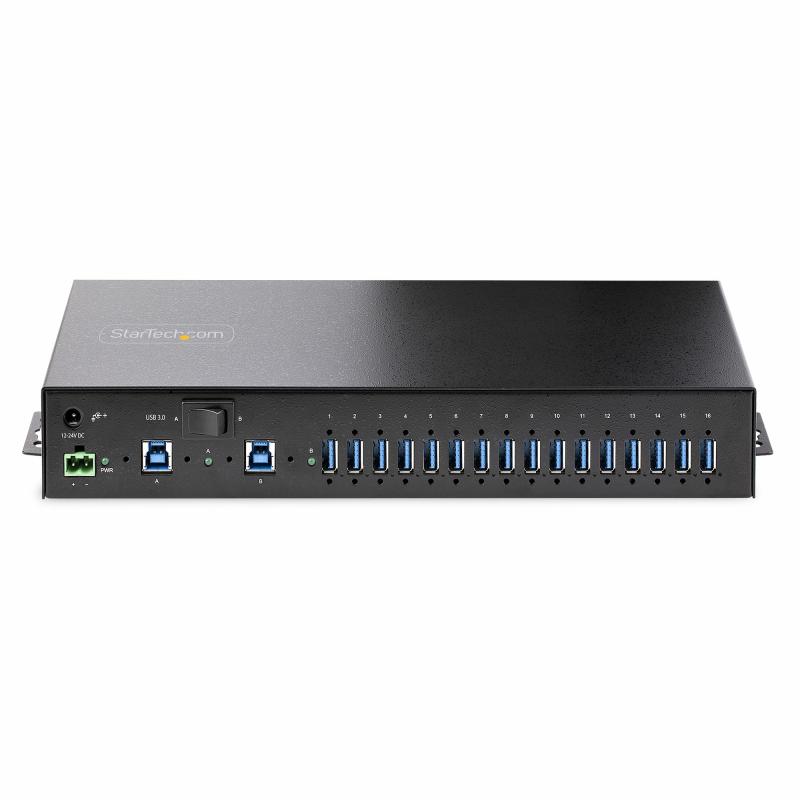 StarTech.com 16-Port Industrial USB 5Gbps Hub with Power Adapter, Metal Enclosure, Mountable, ESD Protection, Terminal Block Power, USB Charging, Dual-Host Switch - TAA 3