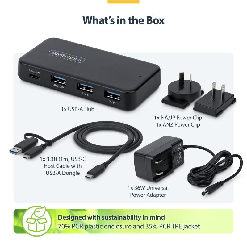 StarTech.com 4-Port USB-C and USB-A Hub, 5Gbps, Self-Powered, 2-in-1 USB-C and USB-A Host Cable, 1x USB-C and 3x USB-A (1x BC 1.2), 36W Power Adapter Included 4