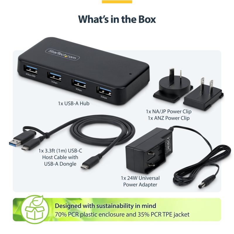 StarTech.com 4-Port USB-A Hub, 5Gbps, Self-Powered, 2-in-1 USB-C and USB-A Host Cable, 1x BC 1.2 Charging Port, 24W Power Adapter Included, MacBook and Windows 4