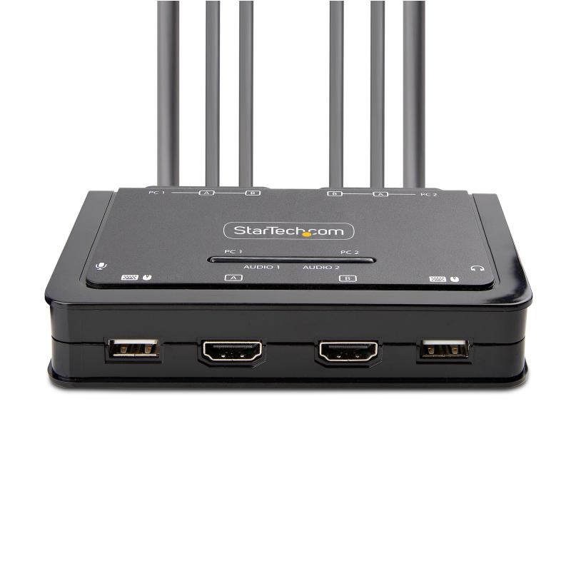 StarTech.com 2-Port Dual-Monitor HDMI Cable KVM Switch, 4K 60Hz, Compact KVM with 5ft/1.5m USB-A/HDMI/Audio Integrated Cables, Bus Powered - Remote Push Button/Hotkey Switching 3
