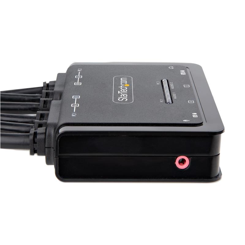 StarTech.com 2-Port Dual-Monitor HDMI Cable KVM Switch, 4K 60Hz, Compact KVM with 5ft/1.5m USB-A/HDMI/Audio Integrated Cables, Bus Powered - Remote Push Button/Hotkey Switching 4