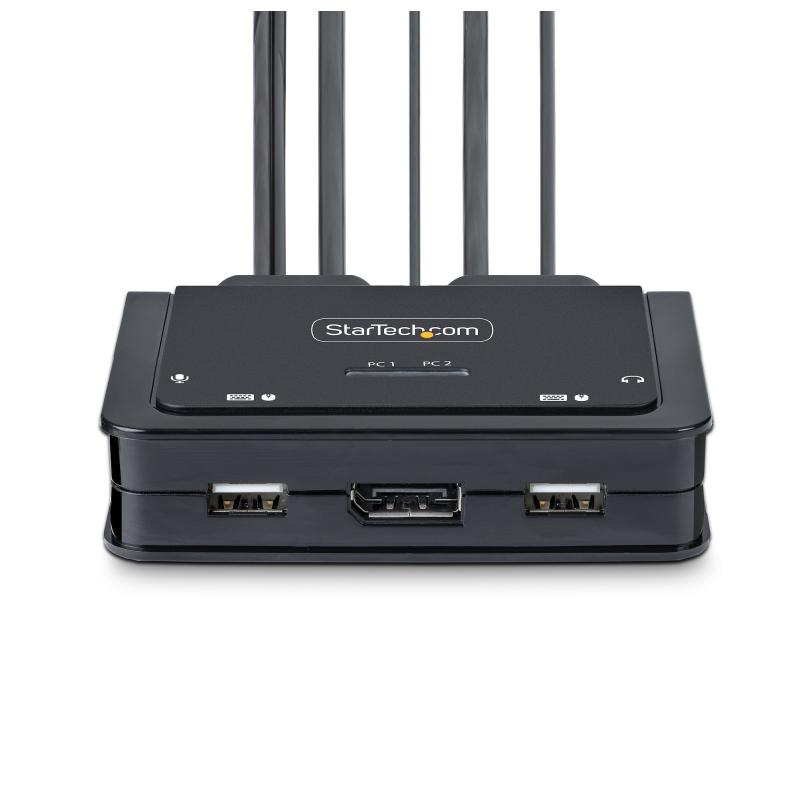 StarTech.com 2-Port Hybrid USB-C DisplayPort Cable KVM Switch, 4K 60Hz, Compact KVM with 6ft/1.8m USB-A/DisplayPort/Audio & 4ft/1.2m USB-C Integrated Host Cables, Bus Powered - Remote Push Button/Hotkey Switching 3