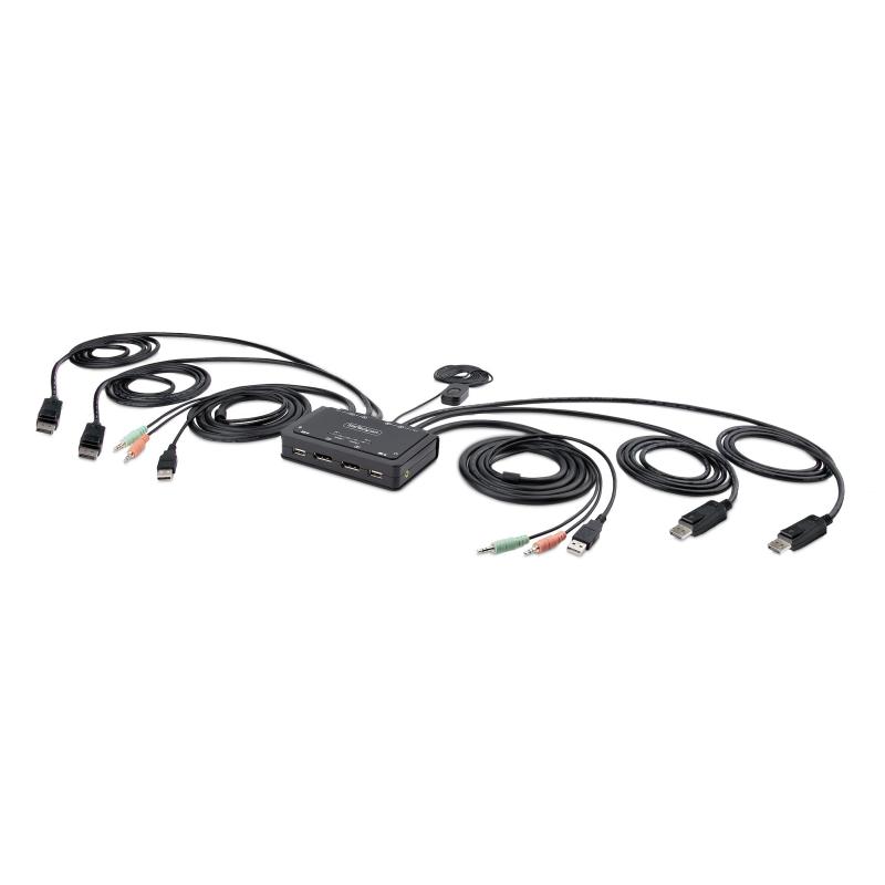 StarTech.com Switch KVM à 2 ports avec Câble DisplayPort, 4K 60Hz, KVM Compact avec Câbles Intégrés USB-A/DisplayPort/Audio de 1,5m, Alimenté par bus - Commutation à Distance par Bouton-Poussoir/Clavier à Effleurement