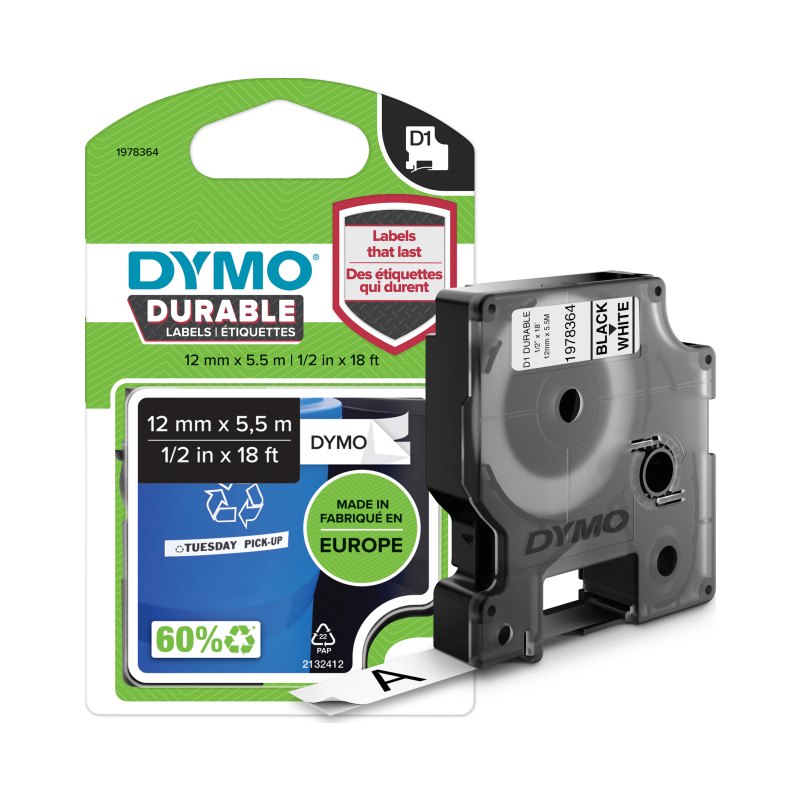 DYMO Authentic D1 Durable Labels | Black Print on White Tape | 12 mm x 5.5 m | High-Performance Label Tape for LabelManager Label Makers