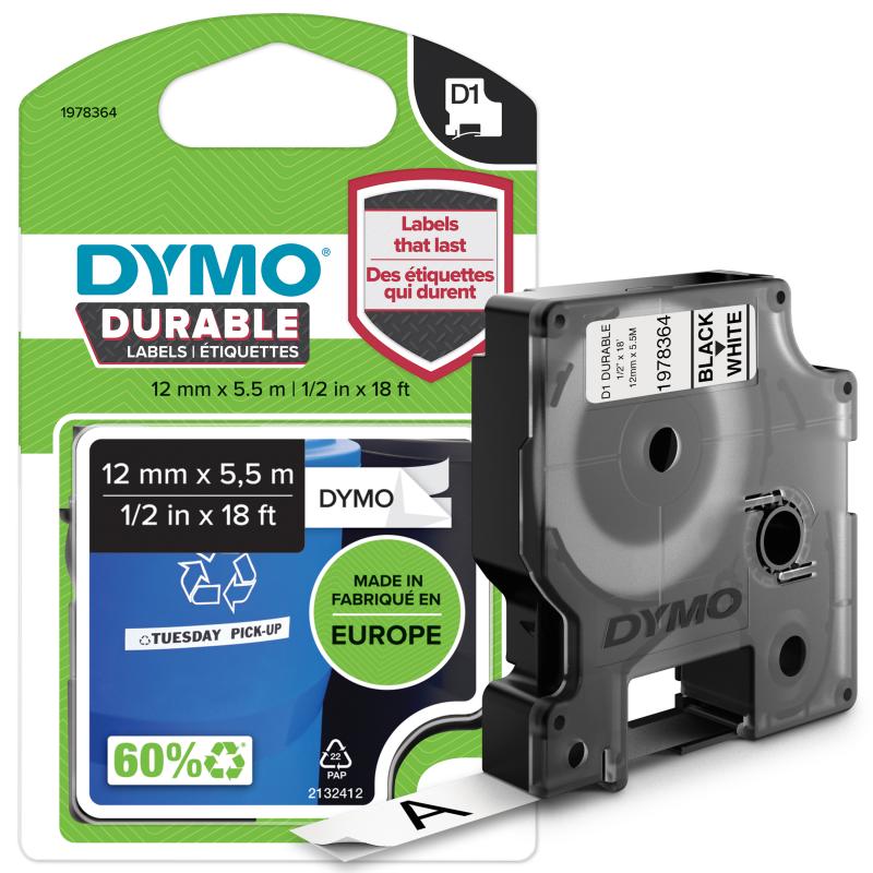 DYMO D1 Étiquettes résistantes | 12mm x 5,5m | impression en noir sur fond blanc | autocollantes étiquettes authentiques pour étiqueteuses LabelManager