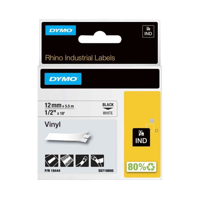 DYMO Rhino Industrial Vinyl Labels | 12 mm x 5.5 m | Black Print on White | Self-Adhesive | for Rhino & LabelManager Label Makers