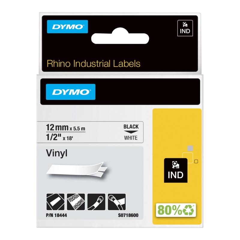 DYMO Rhino Étiquettes en vinyle industrielles | 12 mm x 5,5 m | autocollantes impression en noir sur fond blanc | pour étiqueteuses Rhino et LabelManager