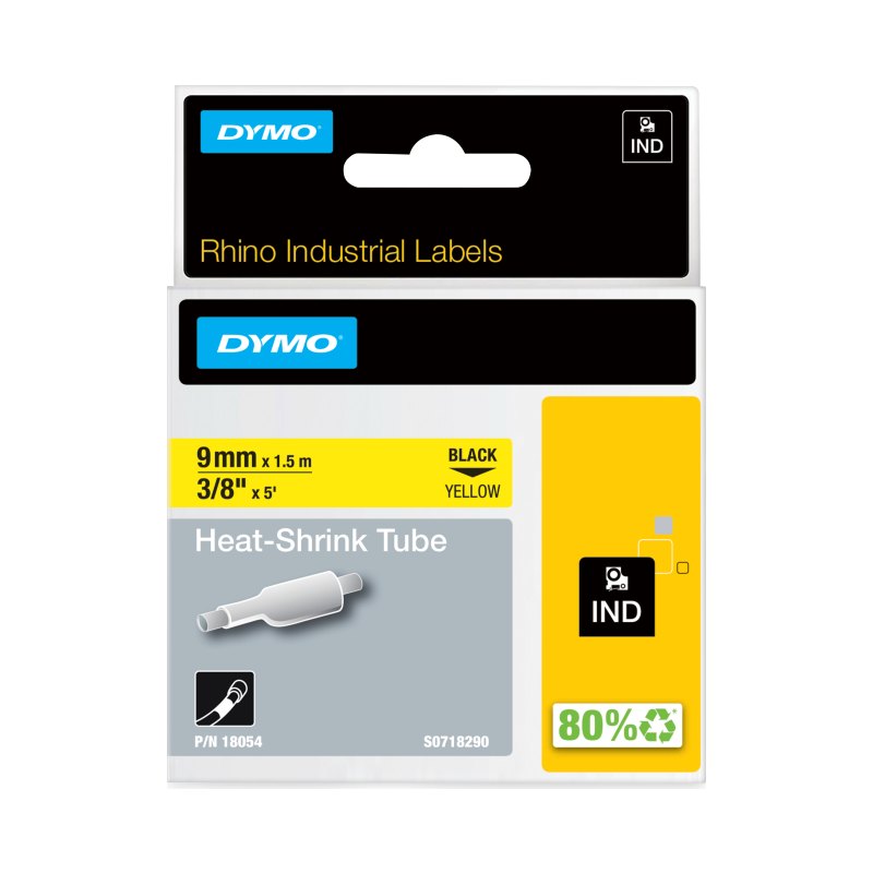 DYMO Rhino Industrial Heat-Shrink Cable Label Tubes | 9 mm x 1.5 m | Black on Yellow | for Rhino Label Makers