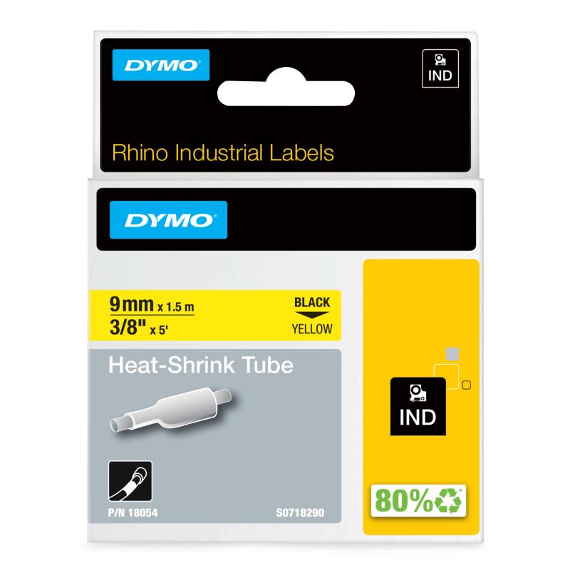 DYMO Rhino gaines thermorétractables industrielles | 9 mm x 1,5 m | Impression en noir sur fond jaune | pour étiqueteuses Rhino