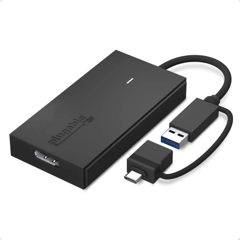 Adaptateur USB vers DisplayPort de Plugable Technologies. Connectez-en un ou plusieurs à n’importe quel système Mac ou Windows pour ajouter des écrans supplémentaires jusqu’à 1920x1080 60Hz. USB C et A
