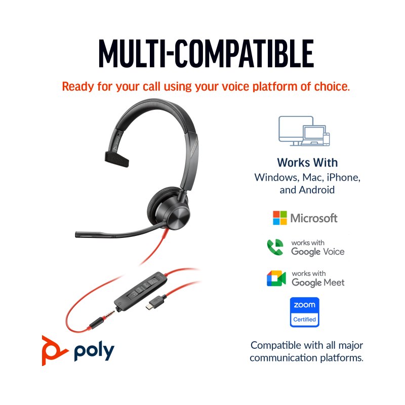 HP Poly Micro-casque Poly Blackwire 3315 monaural USB-C + connexion 3,5 mm + adaptateur USB-C/A