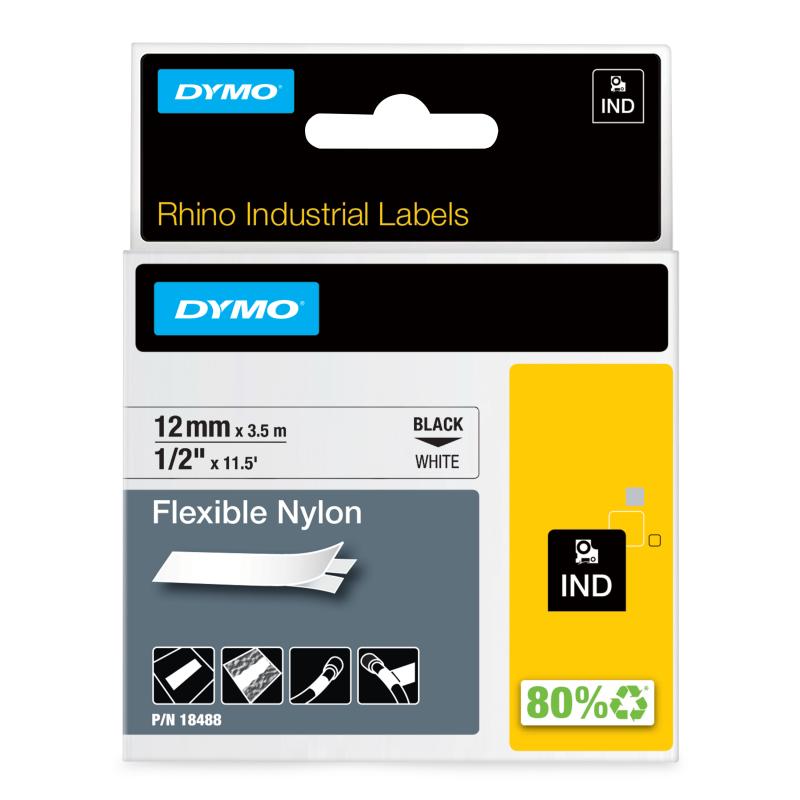 DYMO Rhino Étiquettes industrielles | Nylon flexible | rouleau de 12 mm x 3,5 m | autocollantes impression en noir sur fond blanc | pour étiqueteuses Rhino et LabelManager