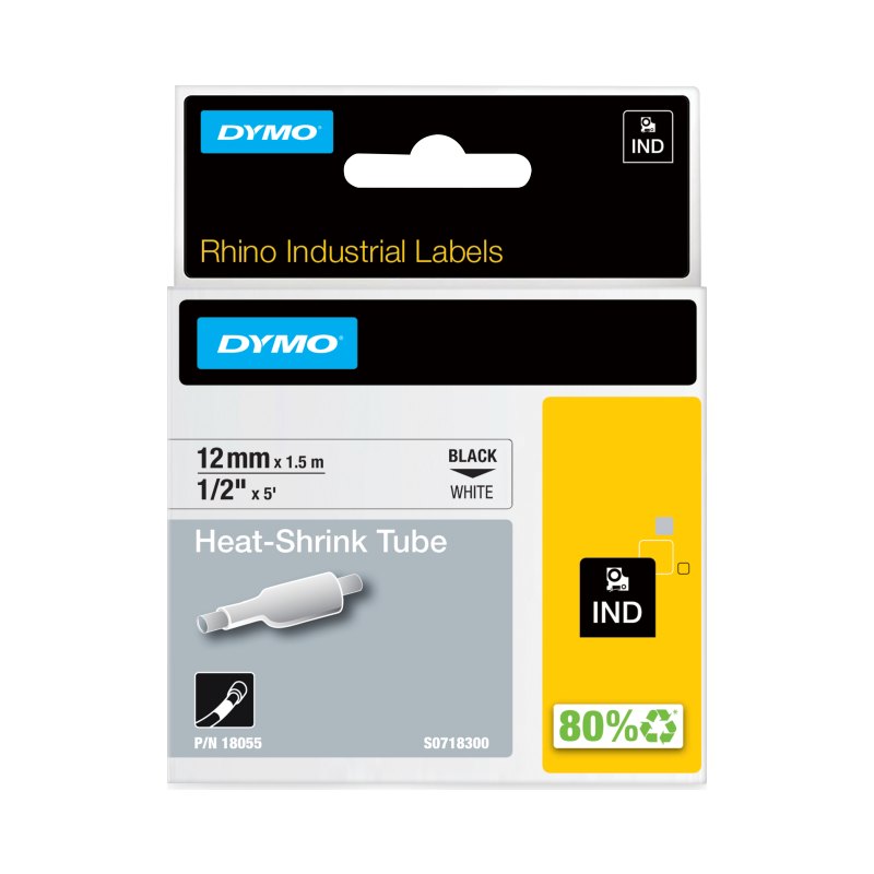 DYMO Rhino gaines thermorétractables industrielles | 12 mm x 1,5 m | Impression en noir sur fond blanc | pour étiqueteuses Rhino