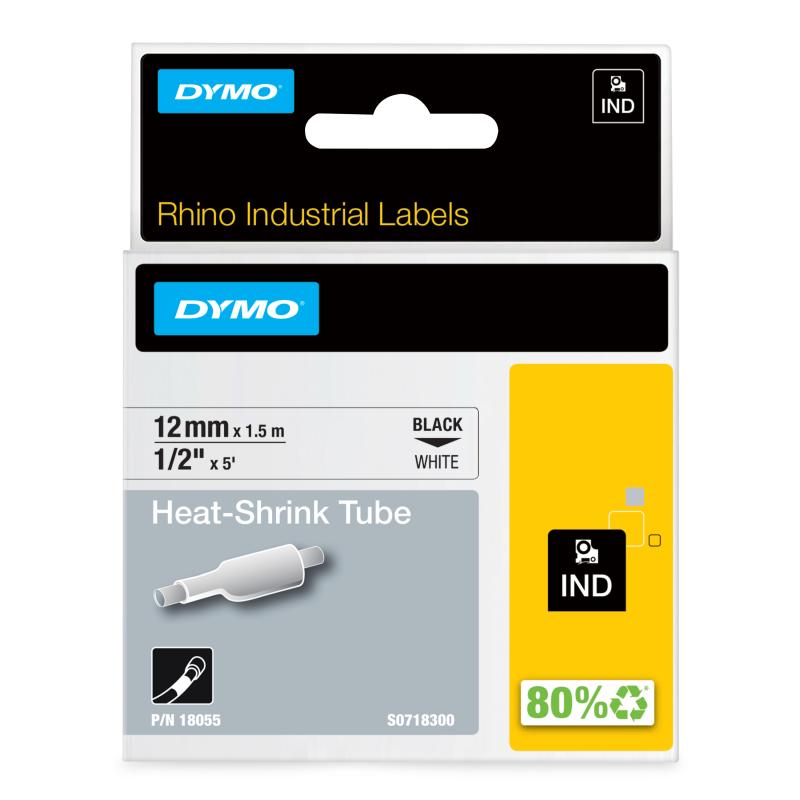DYMO Rhino gaines thermorétractables industrielles | 12 mm x 1,5 m | Impression en noir sur fond blanc | pour étiqueteuses Rhino