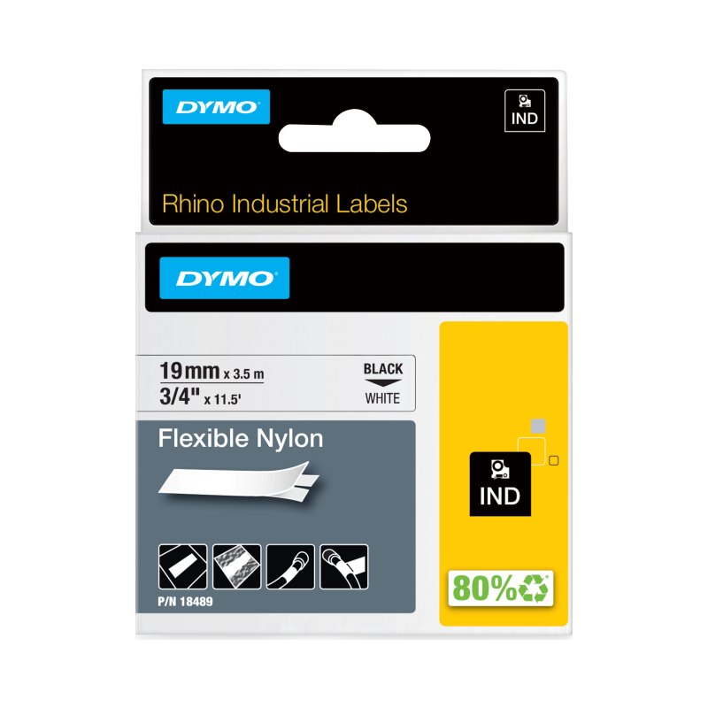 DYMO Rhino Étiquettes industrielles | Nylon flexible | 19 mm x 3,5 m | autocollantes impression en noir sur fond blanc | pour étiqueteuses Rhino et LabelManager