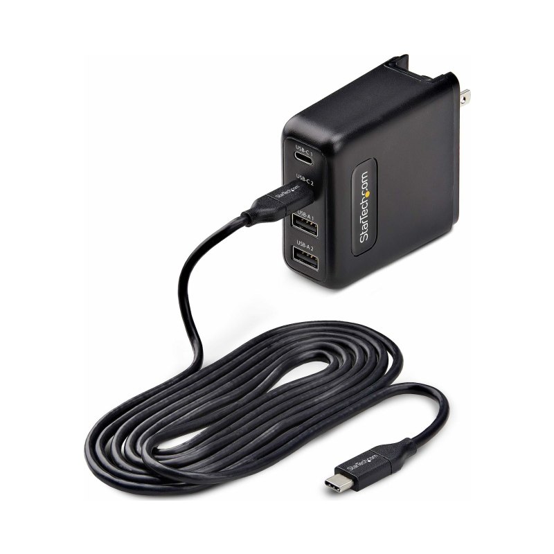 StarTech.com 100W USB-C Wall Charger, 2x USB-C/2x USB-A, Quick Charging Portable GaN Charger Power Adapter, USB Power Delivery 3.0, 6ft/1.8m Cable