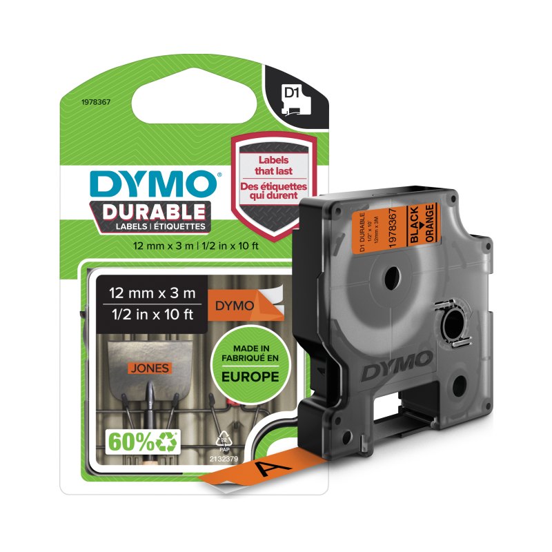 DYMO Authentic D1 Durable Labels | Black Print on Orange Tape | 12 mm x 3 m | High-Performance Label Tape for LabelManager Label Makers