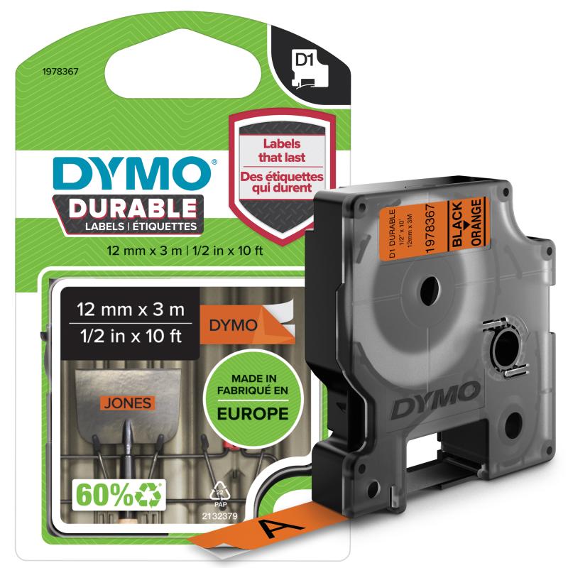 DYMO D1 Étiquettes résistantes | 12mm x 3m | impression en noir sur fond orange | autocollantes étiquettes authentiques pour étiqueteuses LabelManager