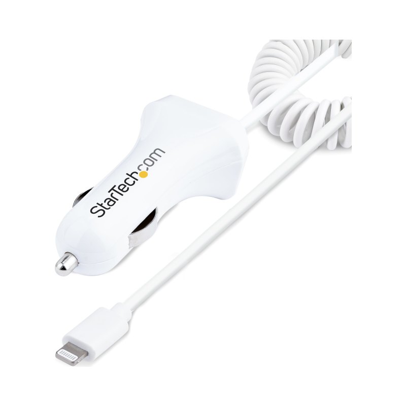 StarTech.com Chargeur Voiture Lightning avec Câble Spiralé - Chargeur Iphone 1m - Double Chargeur USB pour Telephones et Tablettes pour la Voiture - Chargeur Auto Blanc de 12W