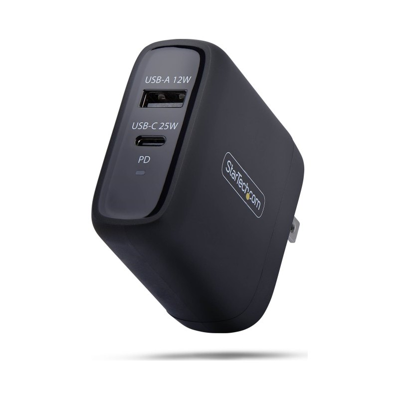 StarTech.com Chargeur mural USB-C et USB-A 37W, chargeur portable avec alimentation USB Power Delivery et charge rapide, 25W USB-C PD / 12W USB-A, double port USB-C/USB-A