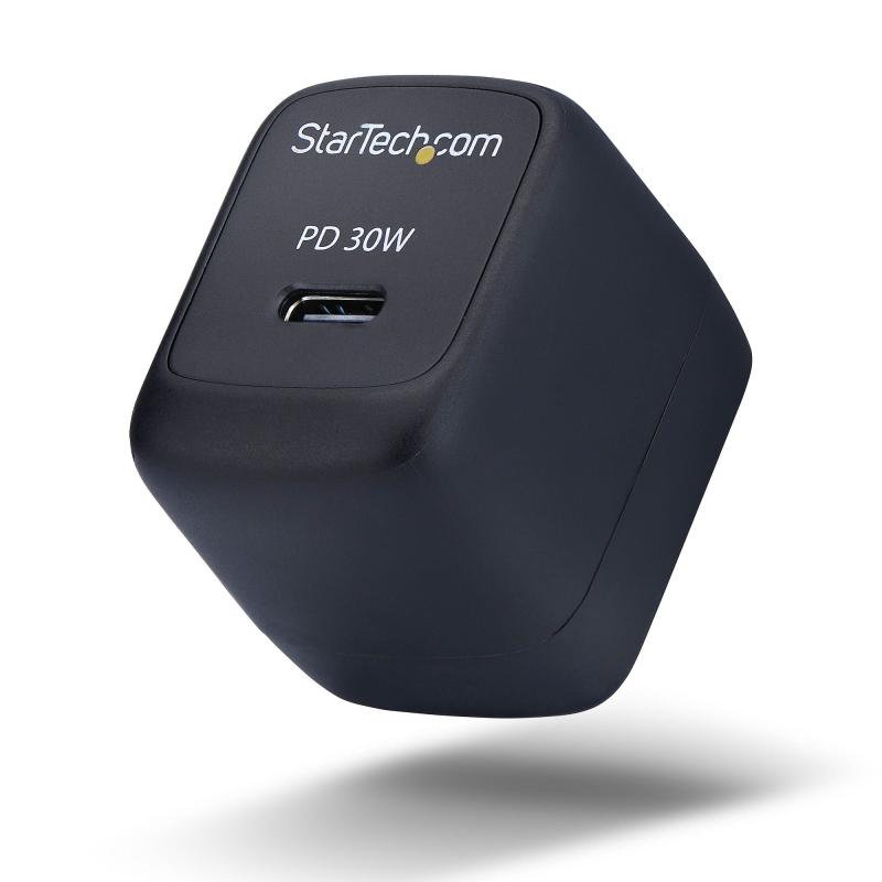 StarTech.com Chargeur mural USB-C 30W, Chargeur portable GaN avec alimentation USB Power Delivery Fast Charging, GaN 5V/9V/15/20V PD, Chargeur USB-C, Noir