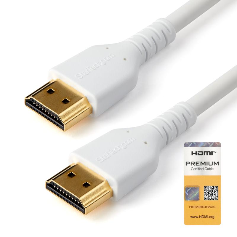 StarTech.com Câble HDMI Fin de 2m, Câble HDMI 2.0 Flexible Certifié Premium avec Ethernet, UHD 4K 60Hz HDR10, Conception Durable en Fibre d'Aramide avec Gaine en TPE, Blanc