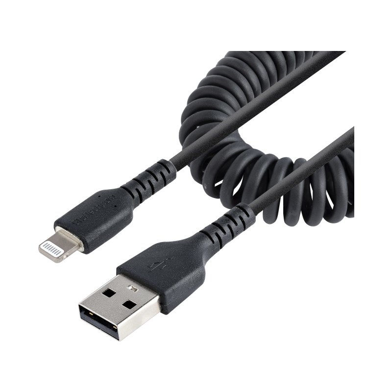 StarTech.com 1m (3ft) USB to Lightning Cable, MFi Certified, Coiled iPhone Charger Cable, Black, Durable TPE Jacket Aramid Fiber, Heavy Duty Coil Lightning Cable