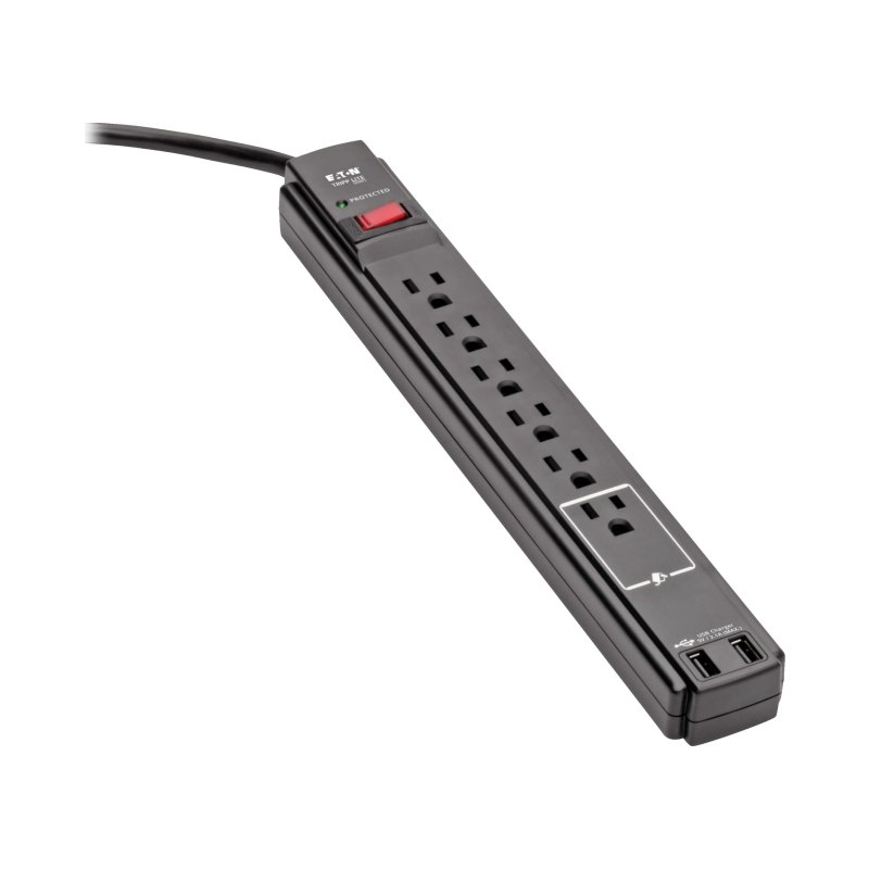 6Out Surge Protector Power Strip 6Ft Cord Black W/2Usb Ports